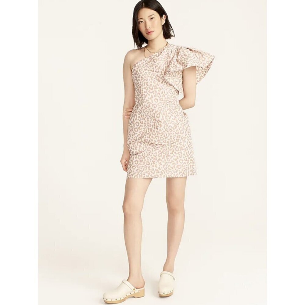J.Crew $268 One-Shoulder Ruffle Dress In Italian Ikat Leopard Size 00 BB318